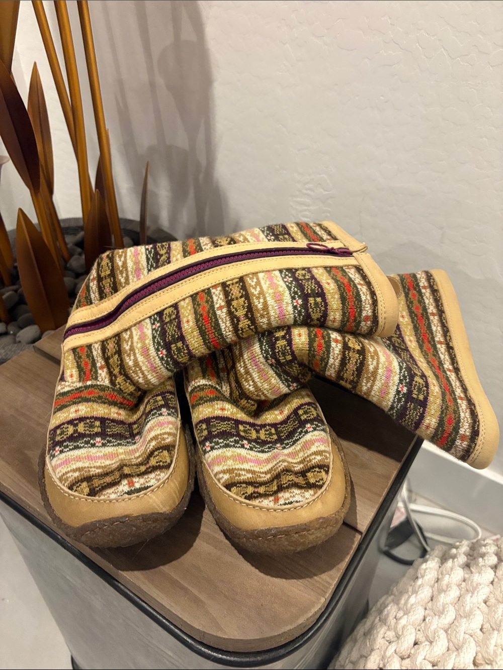 Sorel Multicolor Knit Zip-Top Moccasins with Tan Trim